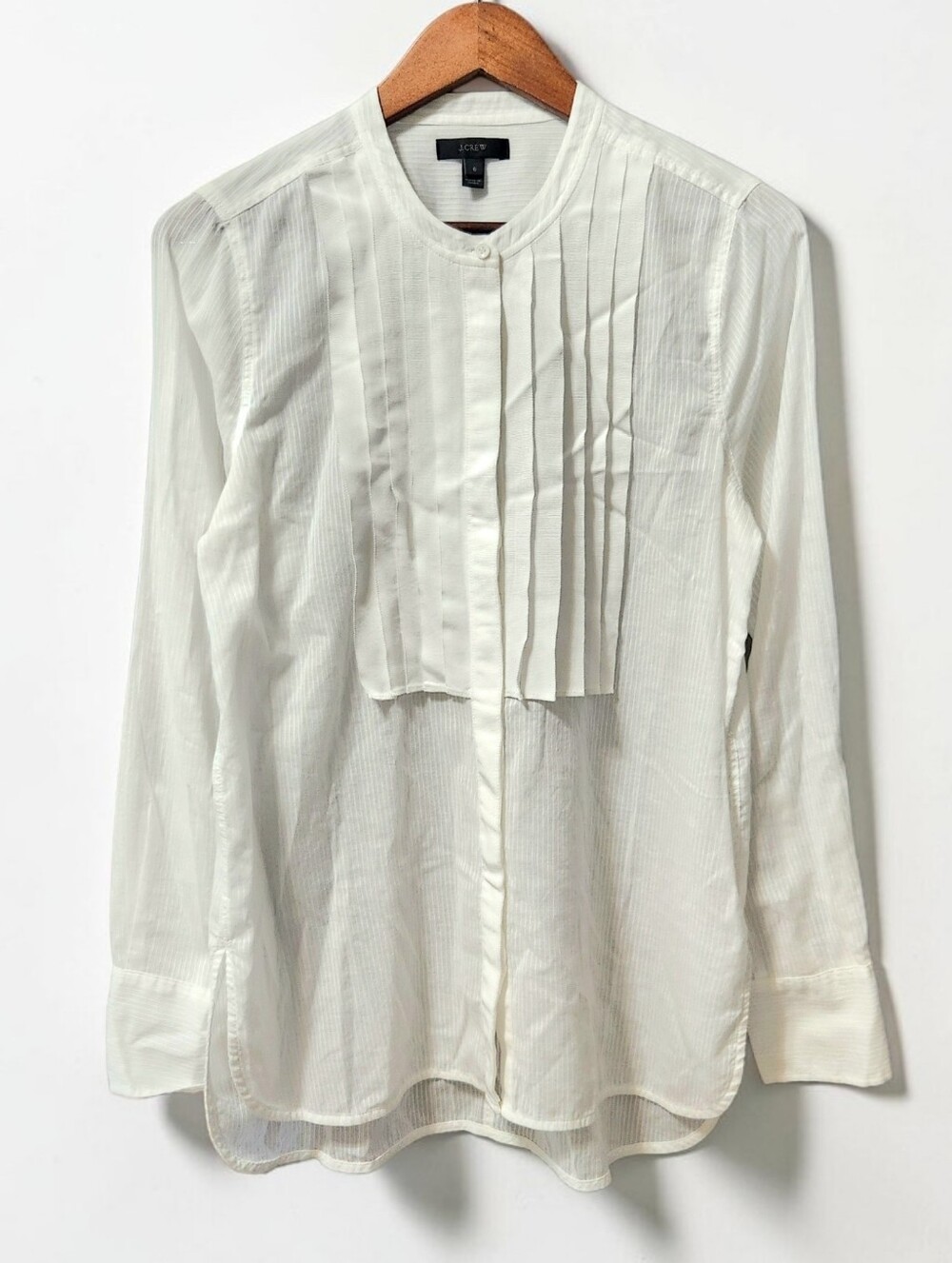 J Crew Pleat Bib Poplin Tuxedo Style Shirt  6 White Preppy Tunic Androgynous Top